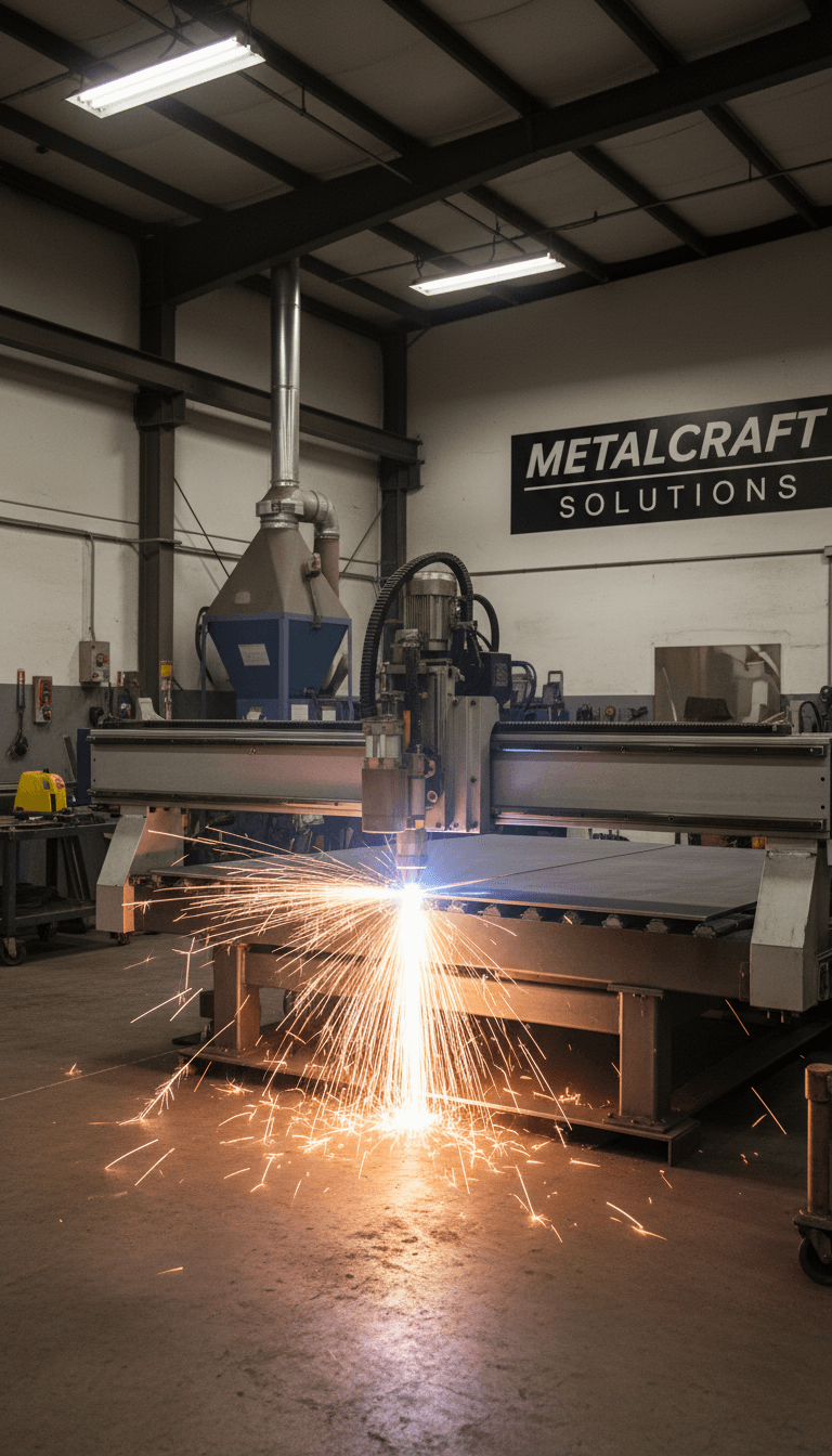CNC-Plasmaschneider schneidet Stahlblech mit hellen Funken in Werkstatt