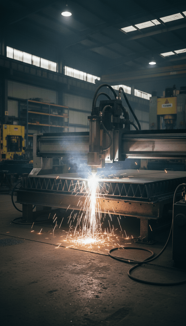 CNC-Plasmaschneider schneidet Stahlplatte mit Funken in dunkler Werkstatt