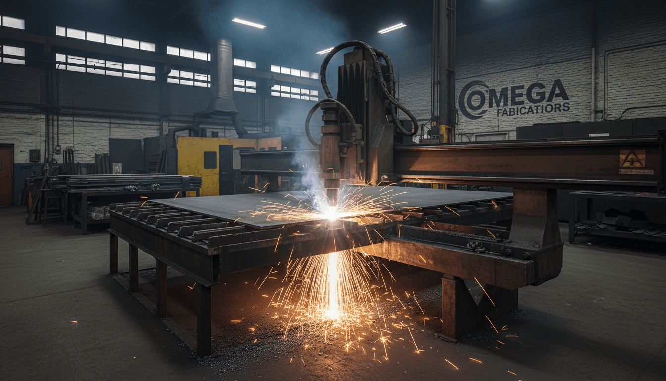 CNC-Plasmaschneider schneidet Baustahlplatte mit Funkenflug