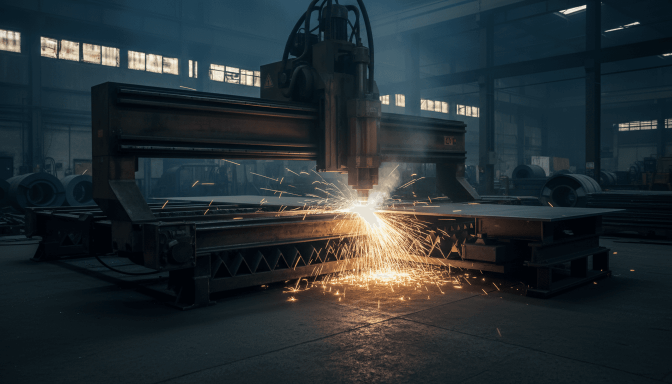 CNC-Plasmaschneidmaschine schneidet Stahl in einer Werkstatt, Funken fliegen